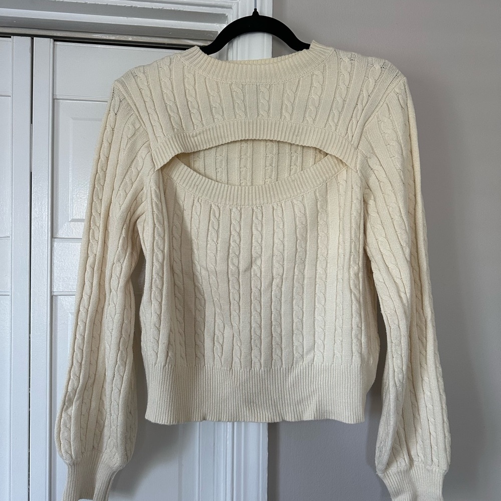 Cream Crew Neck Sweater with Cut-Out Back